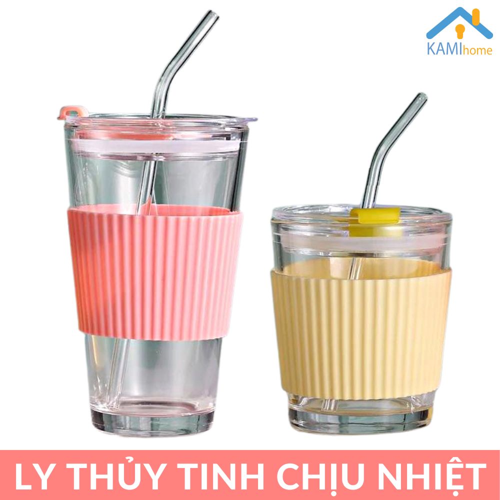 Ống hút Inox Ly thủy tinh uống nước có Nắp và Ống hút (Bán thêm Vỏ bọc Silicone) chịu nhiệt nóng lạnh cỡ 450ml KMH 22053