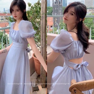 Đầm midi xanh cổ vuông nhíu ngực cutout nơ lưng