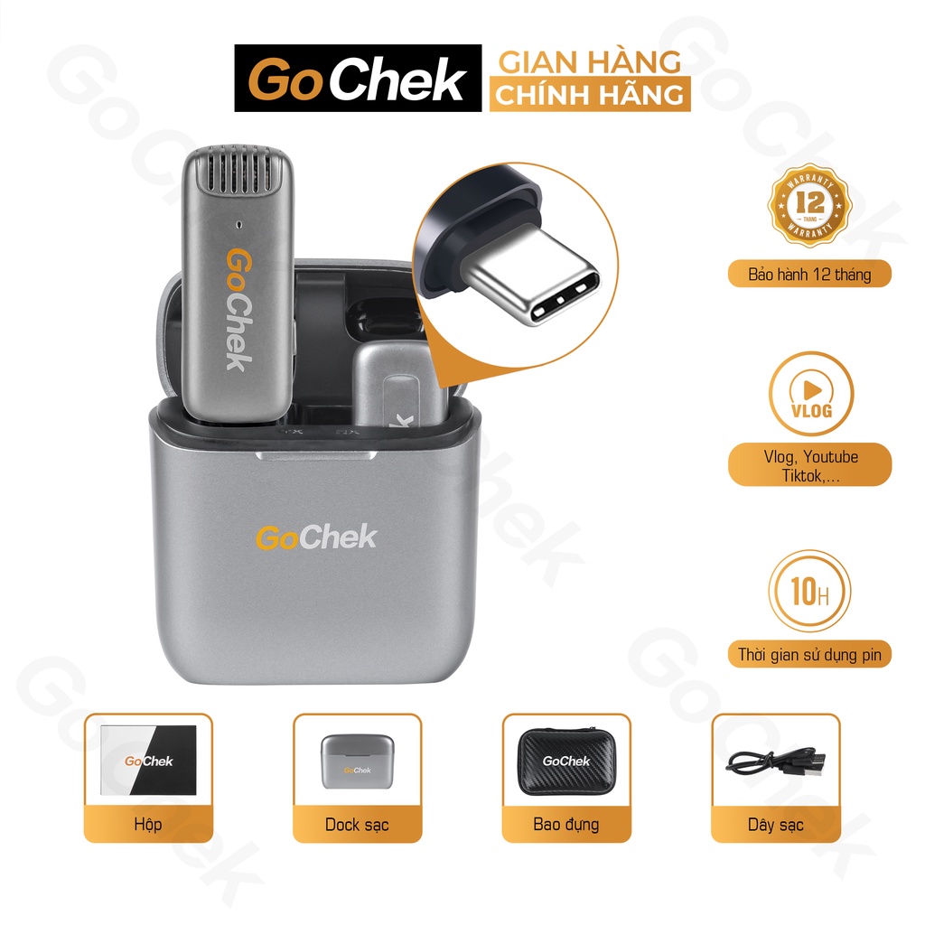 GC-C Bộ 1 micro thu âm không dây GoChek. Kèm hộp xạc. Khử tiếng ồn phù hợp để phát trực tiếp/ quay video/ ghi âm