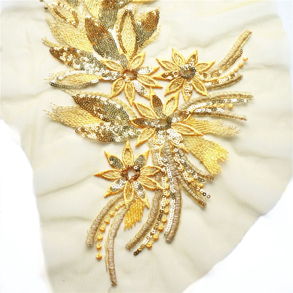 Miếng Vải Ren Thêu Hoa Đính Kim Sa Màu Vàng Dùng May Vá Quần Áo Cô Dâu diy