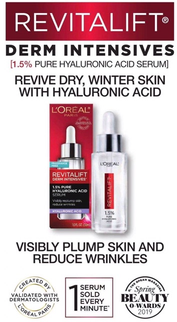 Serum dưỡng ẩm chống lão hoá da L’Oreal Paris Revitalift Derm Intensives 1.5% Pure Hyaluronic Acid30ml