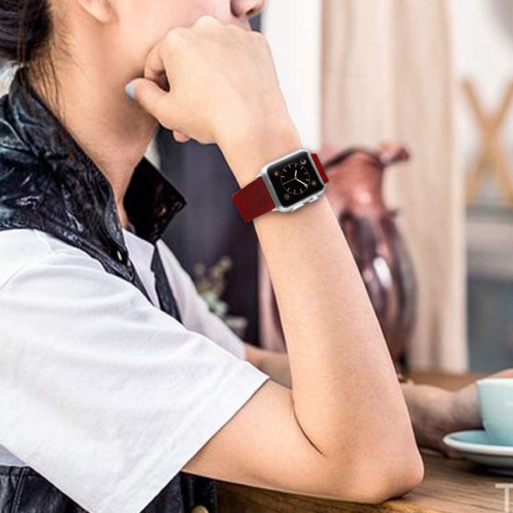 Dây đeo đồng hồ vải canvas nylon phối da cho Apple Watch Series 1 2 3 4 5 6 SE 38mm 40mm 42mm 44mm Series 7 41mm 45mm