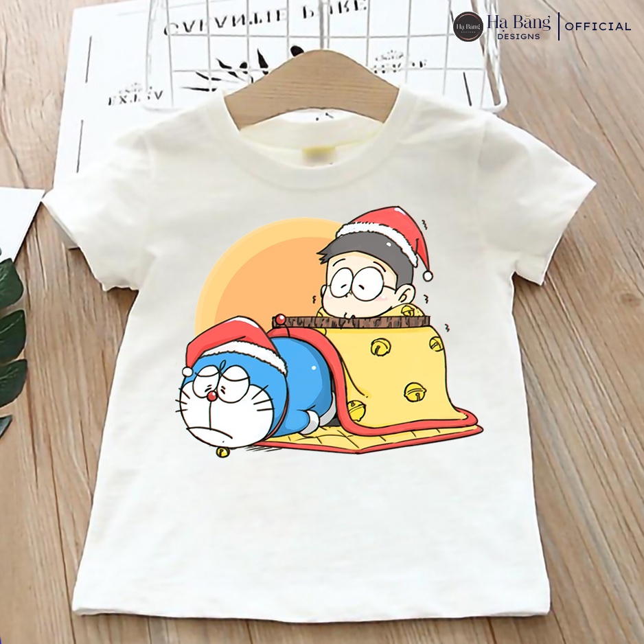 Áo thun cho bé tay ngắn vải cotton màu trắng Hạ Băng Designs - Doraemon