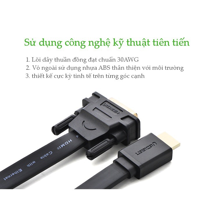 Dây cáp chuyển đổi HDMI sang DVI-D 24+1 dạng dây dẹt dài 1M UGREEN HD106 30137