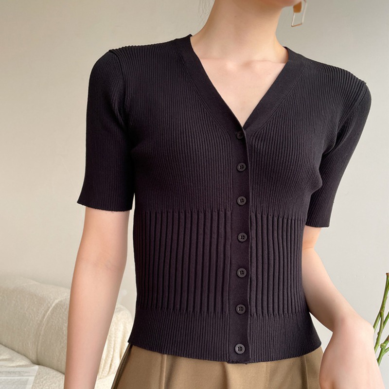 Áo Cardigan Dệt Kim Tay Ngắn Cổ Chữ V Màu Sắc Trơn Thời Trang Mùa Hè Dành Cho Nữ
