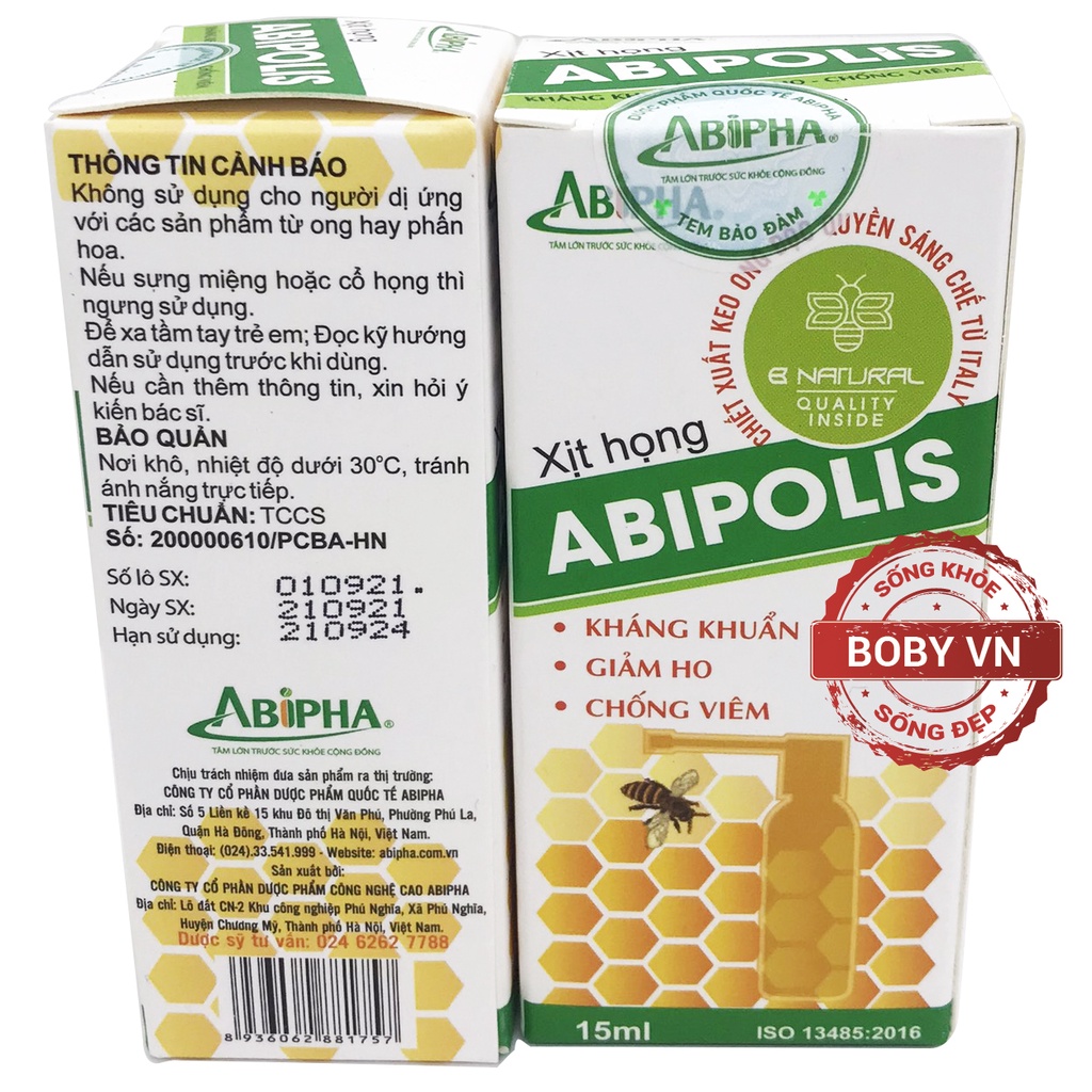 Xịt họng Abipolis kháng khuẩn giảm ho chống viêm - 15ml - Boby