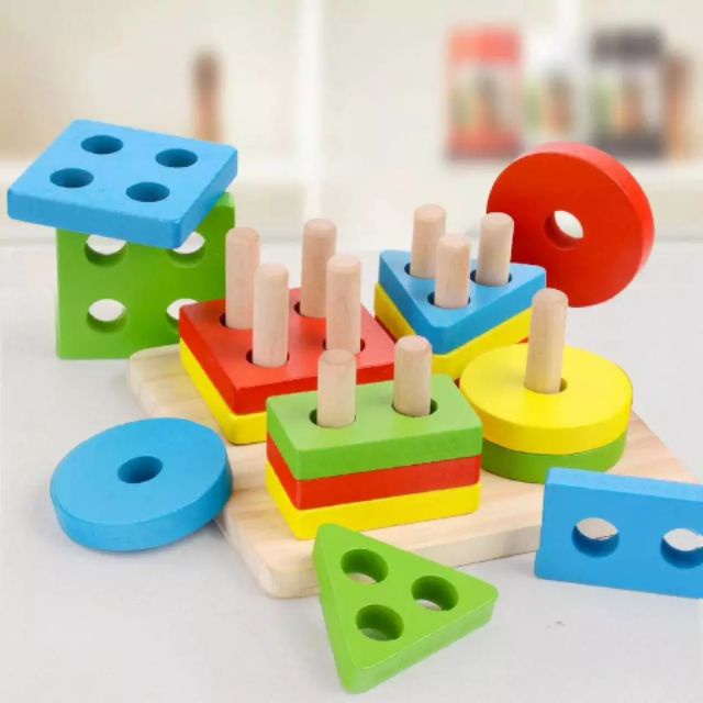 Đồ chơi thả hình các khối hình học bằng gỗ cho bé từ 2 tuổi