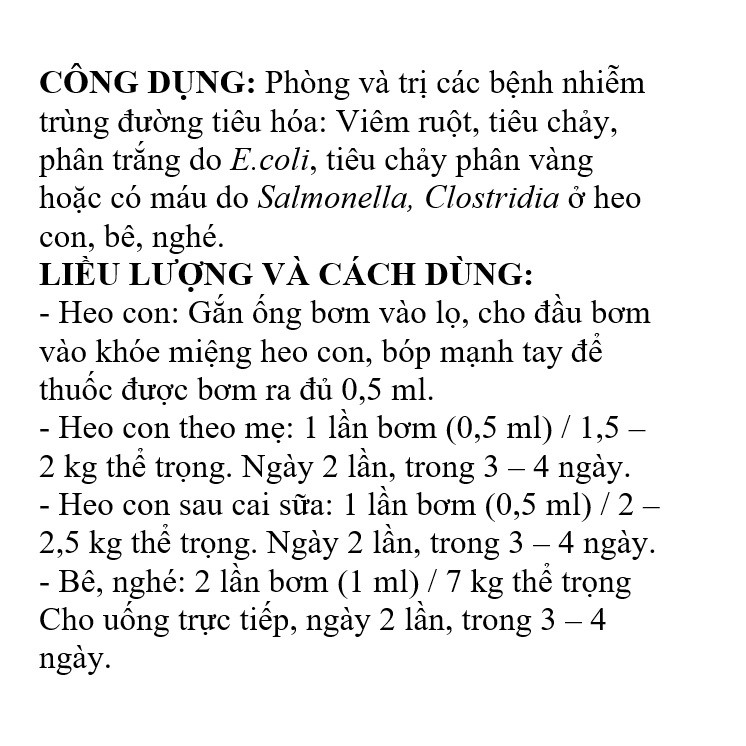 BIO NEW DIARRHEA STOP 150ML phòng viêm ruột, tiêu chảy, phân vàng trên heo con, bê, ghé