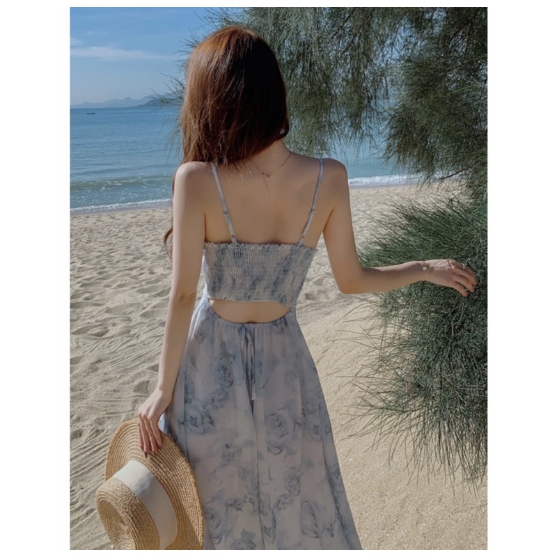 Đầm voan hoa 2 dây mocking lưng phong cách Retro