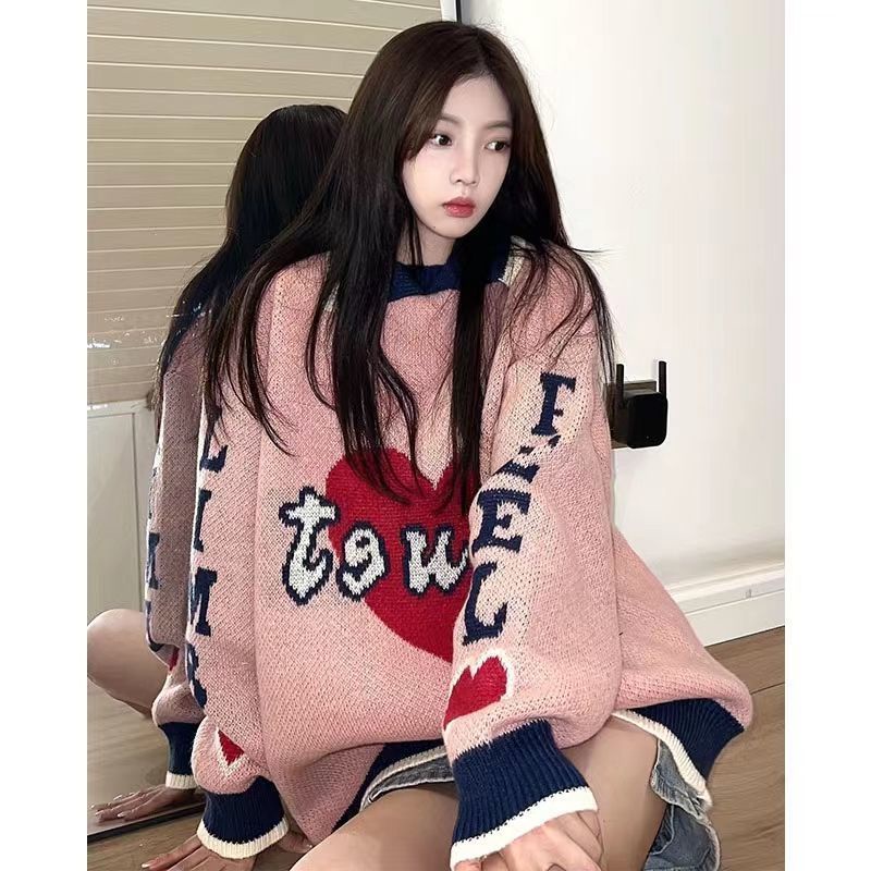Retro pink letter love lapel sweater women's spring and autumn laziness design minority knitted shirt trend