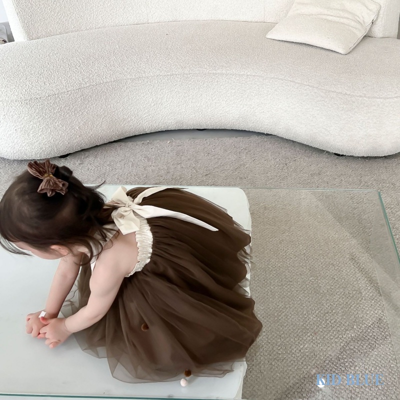 Đầm Công Chúa Hai Dây Phối Lưới Thắt Nơ Phong Cách Hàn Quốc Thời Trang Mùa Hè Cho Bé Gái