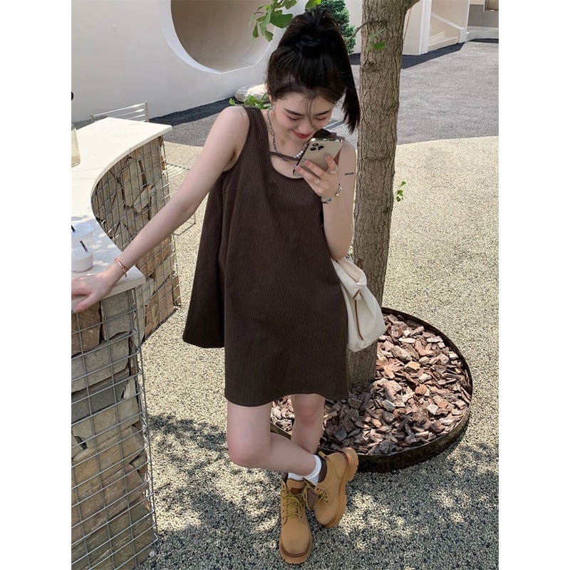 Đầm Dáng Chữ A Không Tay Thiết Kế Mỏng Họa Tiết Kẻ Sọc Màu Cà Phê Đơn Giản Thời Trang Mùa Hè Mới