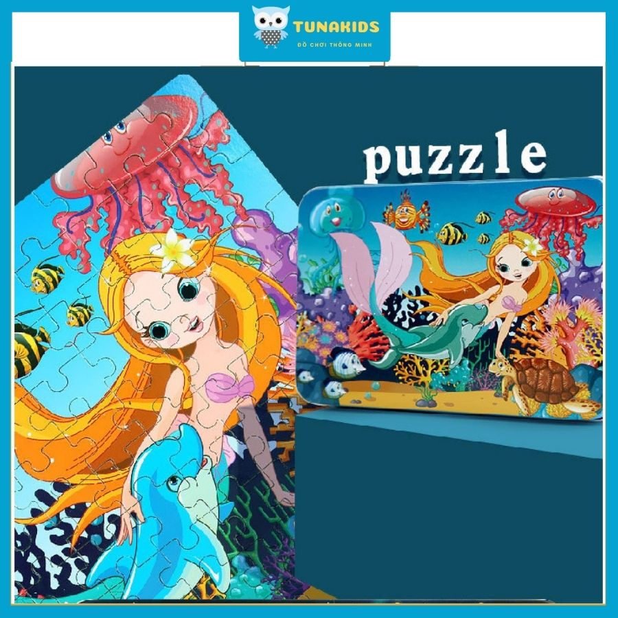 Bộ xếp hình cho bé 100 mảnh puzzle bằng bìa cứng đựng trong hộp sắt TunaKids