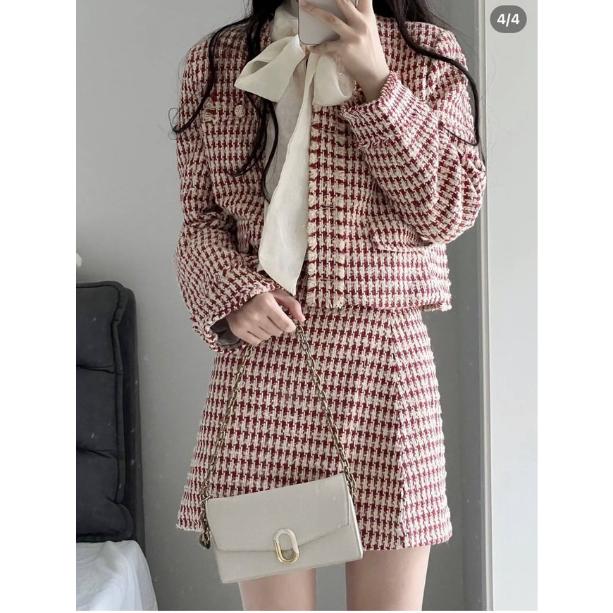 SET DẠ ĐỎ 3 MÓN CHÂN VÁY,ÁO SƠMI KIỂU,KHOÁC CROPTOP.