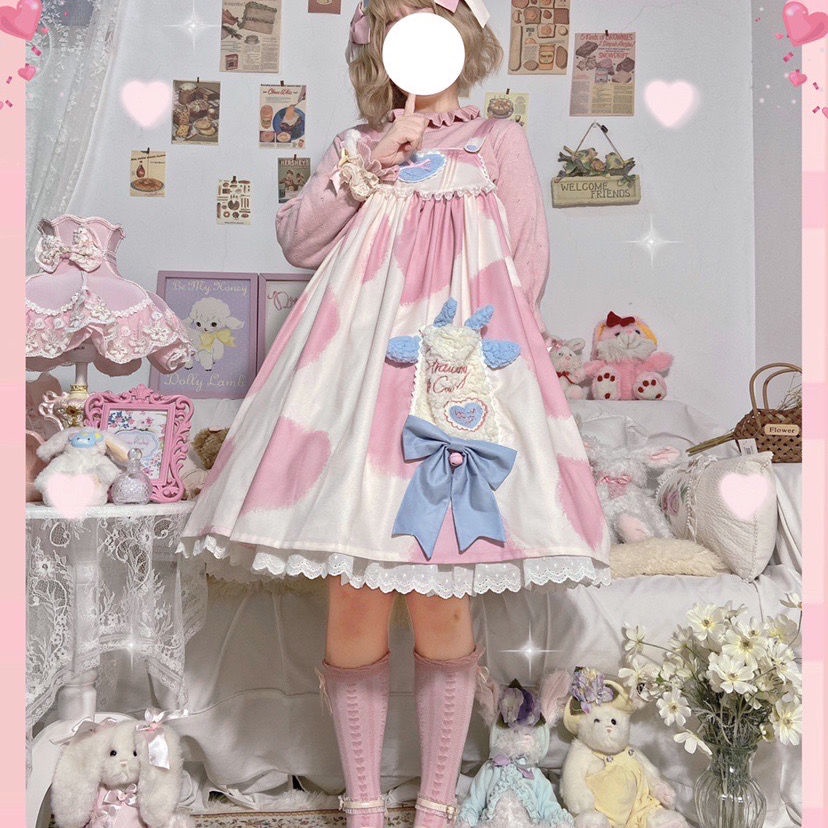 ♛❂Cacao chính hãng bò mô hình in bánh sữa nhỏ váy lolita váy jsk dây treo