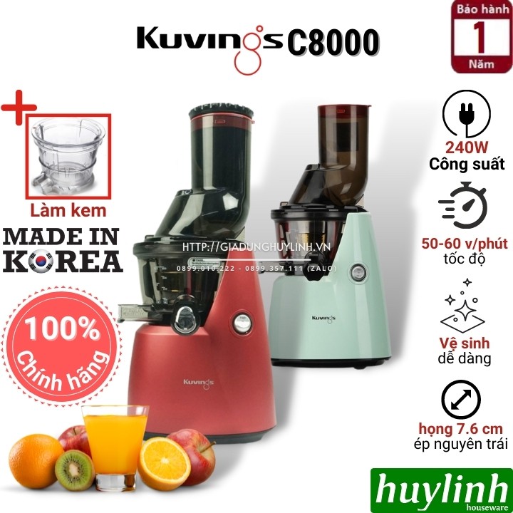 [Mã ELHAMS5 giảm 6% đơn 300K] Máy ép chậm Hàn Quốc Kuvings C8000 - Tặng cối làm kem - Mẫu mới 2021 [Đỏ - Xanh]