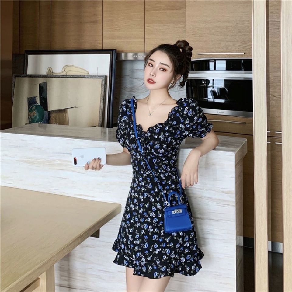 Đầm ngắn in hoa phong cách retro Pháp cho nữ