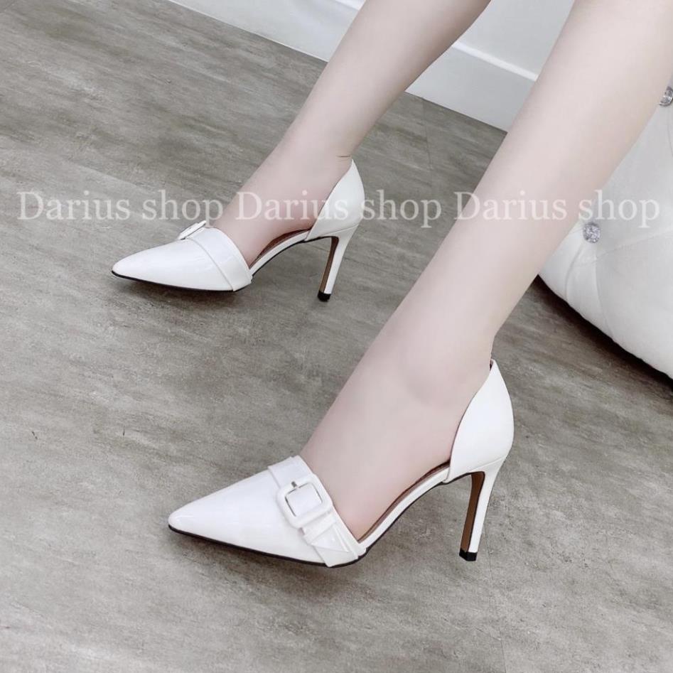 Giày cao gót bít mũi hở eo gót nhọn da bóng 7cm - Mi54 , !!