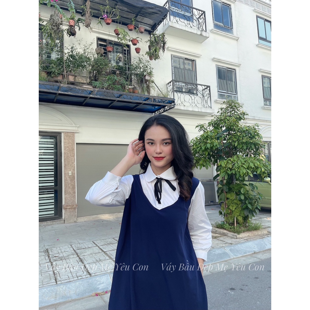 Váy Bầu Thu Đông - Đầm Bầu GUME màu xanh than, tay măng séc, cổ sen nơ đen, dáng A mặc tới khi sinh MYC 1277