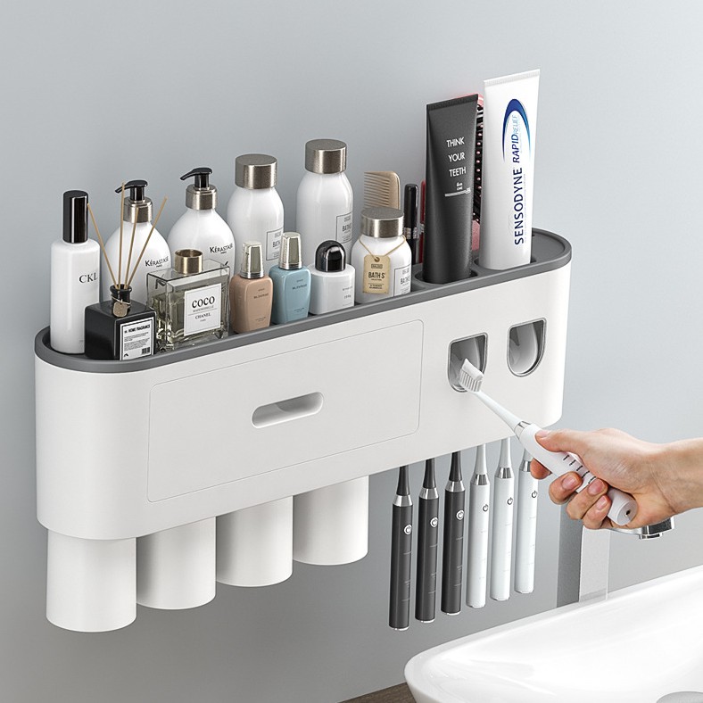 OUSUWO Double squeezing toothpaste dispenser toothbrush holder bathroom shelf