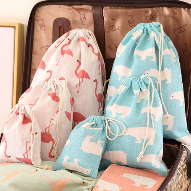 Cute Cartoon Home Cotton Linen Drawstring Storage Bag