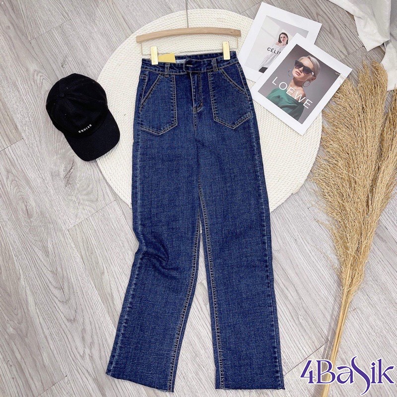 Quần bò nữ ống đứng,quần jean ống suông,xuông cạp cao,jeans ống rộng co giãn túi trước phong cách Hàn Quốc- QJ30