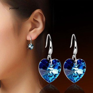 Đôi khuyên tai dài hình trái tim đính đá xanh dương thời trang cho nữ