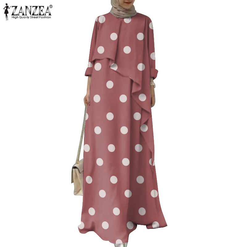 Zanzea Đầm Maxi Tay Dài In Họa Tiết Chấm Bi Dành Cho Phụ Nữ Hồi Giáo