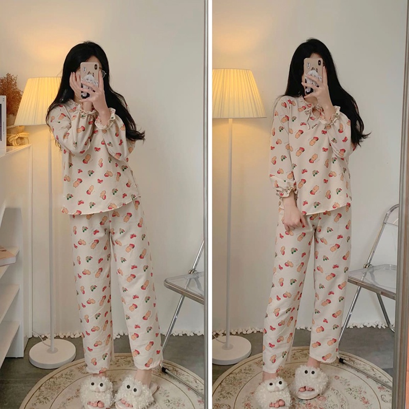 [Ảnh thật/ Sẵn hàng] Bộ Pijama Dài Tay Chất Đũi Xốp Cổ Nơ Dễ Thương, Set Bộ Ngủ Pijama Nữ | BigBuy360 - bigbuy360.vn