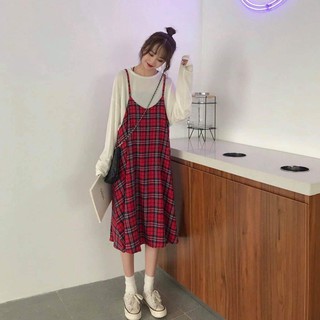 SET VÁY YẾM KẺ ĐỎ + ÁO THUN TAY DÀI ULZZANG | MÃ A18