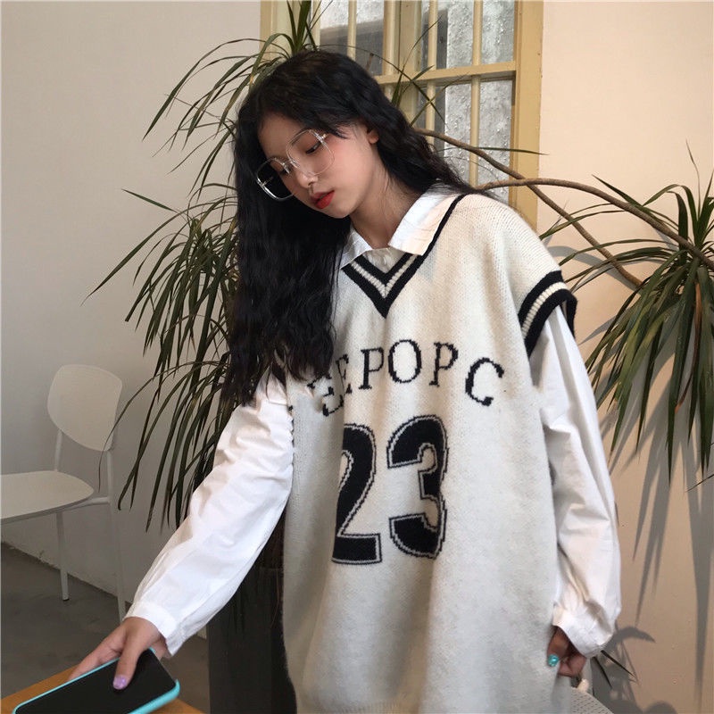 Áo len không tay cổ chữ V dáng rộng thời trang cho nữ | BigBuy360 - bigbuy360.vn