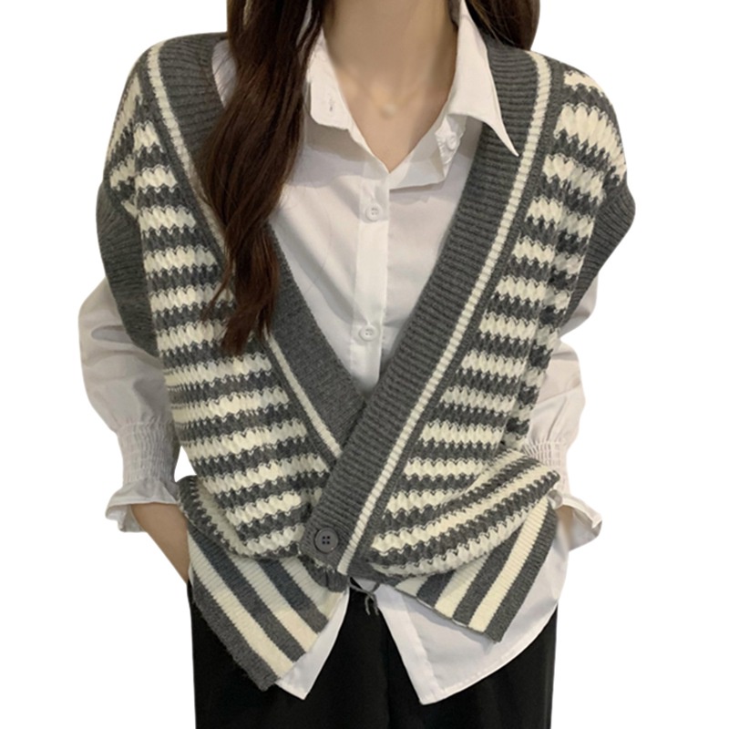 Áo Cardigan Dệt Kim Không Tay Hoạ Tiết Kẻ Sọc Phong Cách Retro | BigBuy360 - bigbuy360.vn