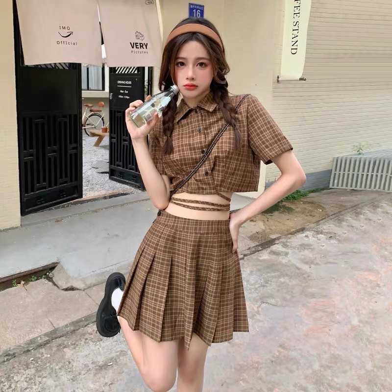 Set áo sơ mi croptop buộc dây+mix chân váy kẻ ulzzang Hàn Quốc