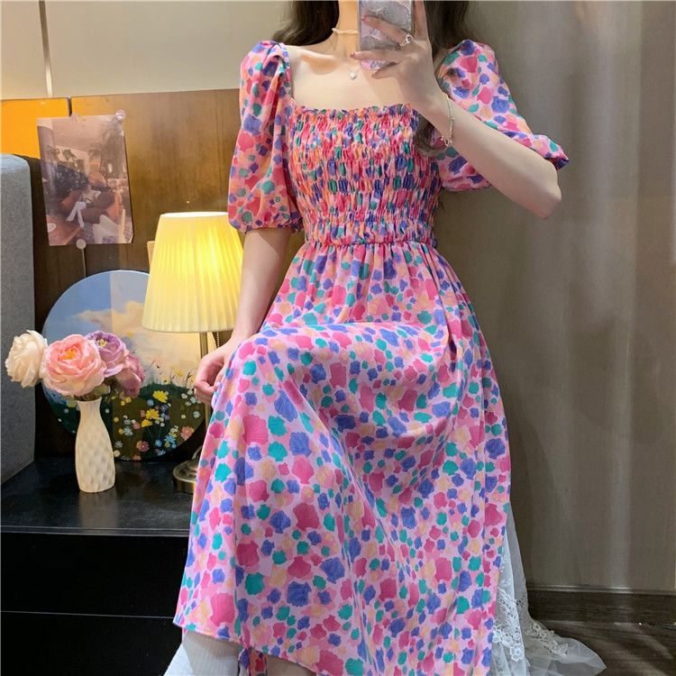 Hot! | Đầm Dài Qua Gối Xếp Ly Lưng Thun In Họa Tiết Hoa Nhí Xinh Xắn Thời Trang Kiểu Pháp