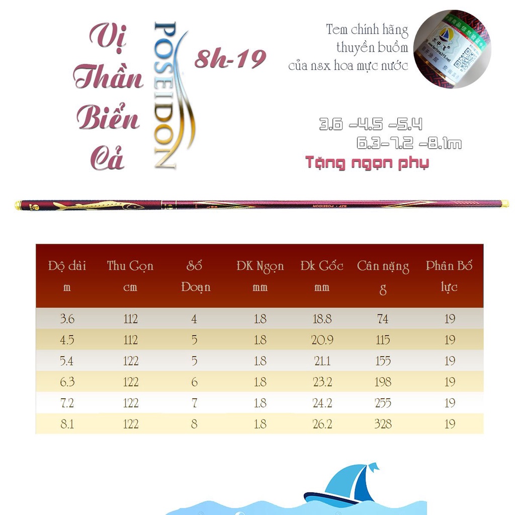 Cần Câu Tay Vị Thần Biển Cả 8H-19 tặng kèm ngọn phụ - Cần câu tay cao cấp chính hãng