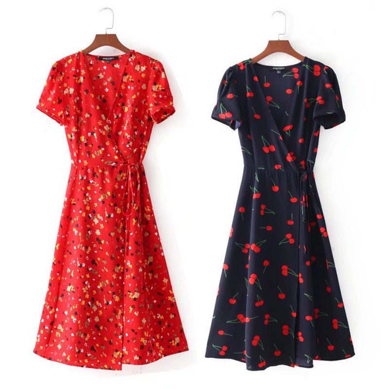 [Baywellfashion]Đầm nữ tay ngắn cổ chữ V in hoa phong cách Boho gợi cảm | BigBuy360 - bigbuy360.vn