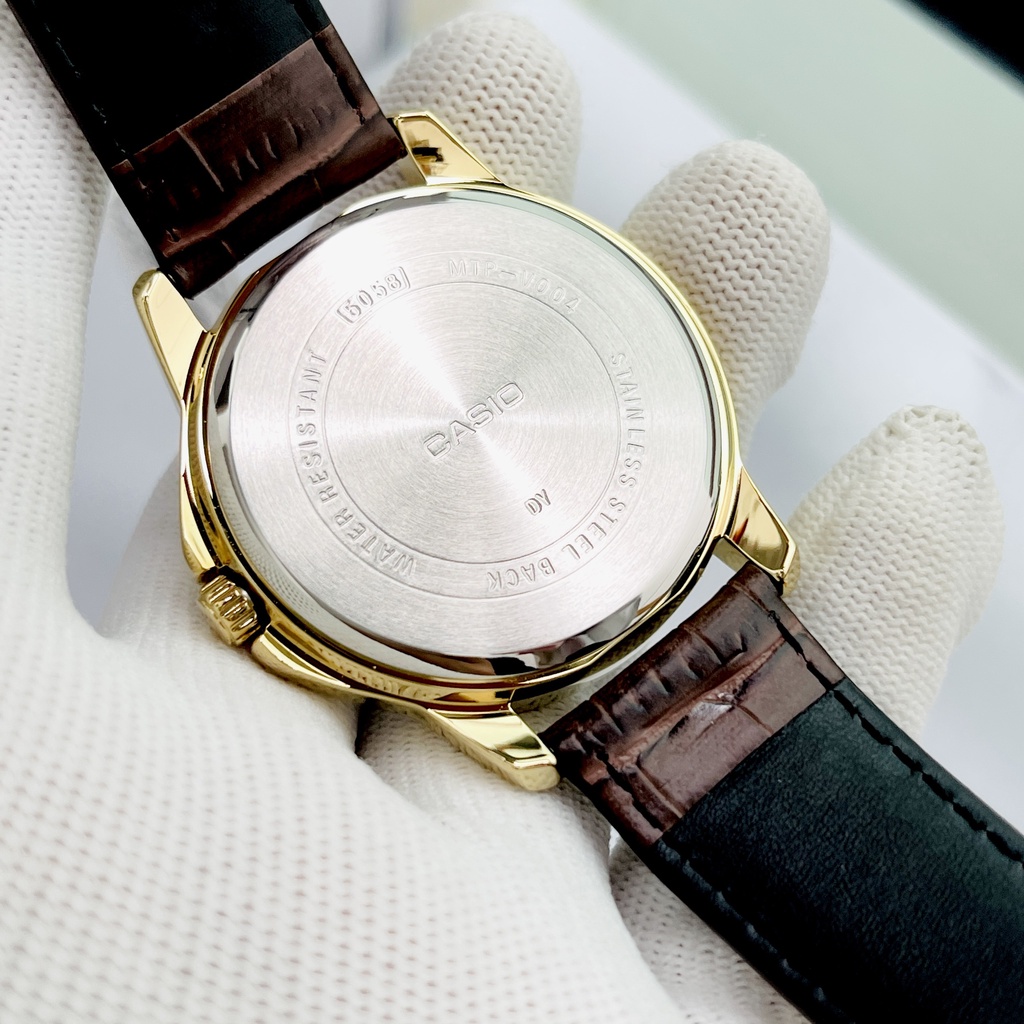 Đồng hồ nam dây da viềng vàng Casio MTP V004GL-7A Mặt trắng chống nước Bảo hành 1 năm Hyma watch