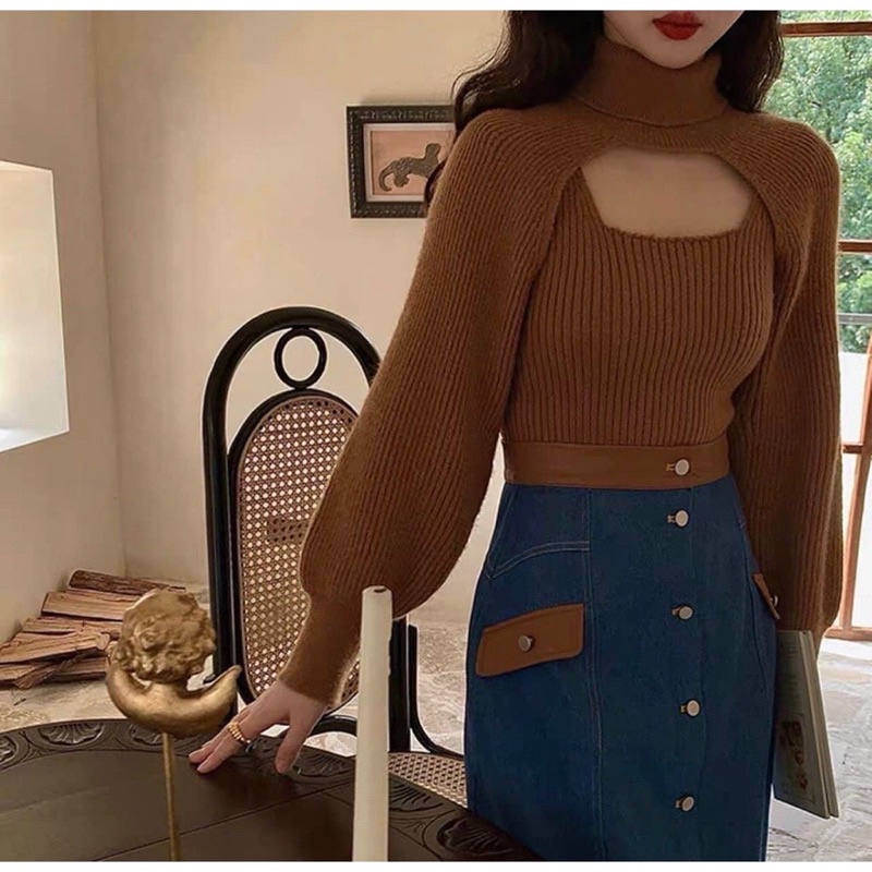 Áo Len Cổ Lọ Khoét Ngực Sexy; Set Áo Kiểu Kèm Áo Len Ba Lỗ Sang Chảnh; Chất Len Tăm Siêu Chất