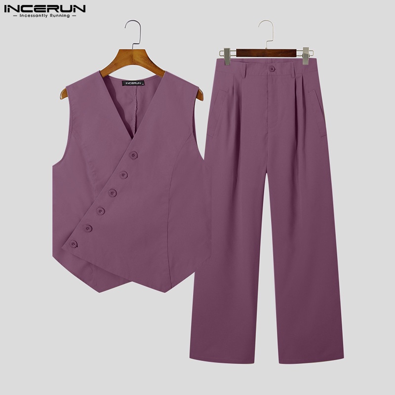 INCERUN Set Áo Lửng Sát Nách Và Quần Dài Ống Rộng Lưng Cao Dành Cho Nam