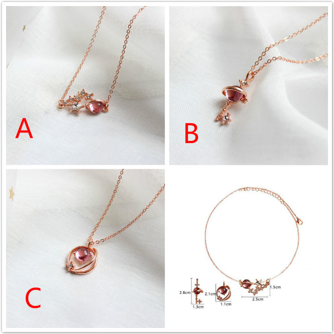 Vòng cổ mặt hình ngôi sao và hành tinh đính đá màu hồng phong cách đơn giản
