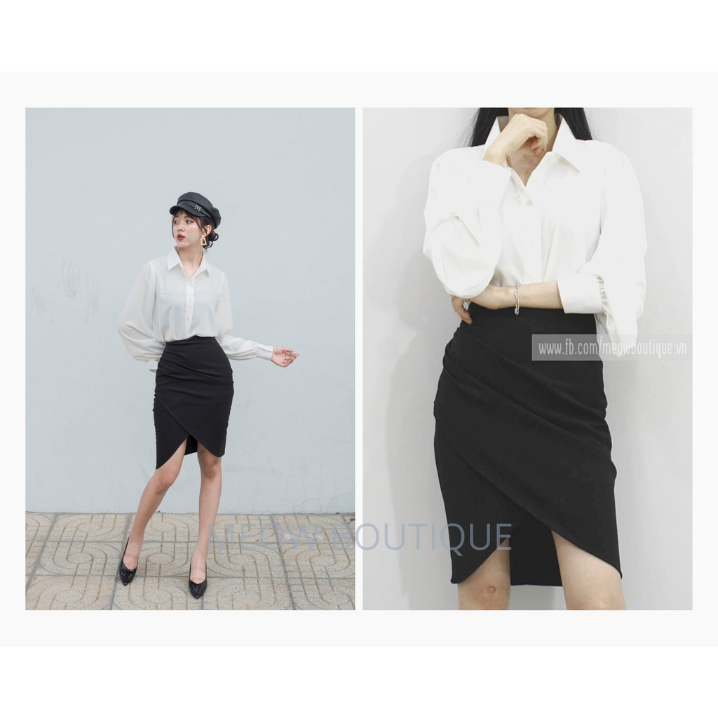 [Mã FATHANG5 giảm 10K đơn 50K] [Hình thật tự chụp] Chân Váy Công sở Bút Chì Tulip Xếp Pli Nhún Meow Boutique