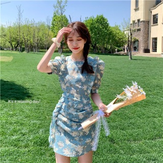 Váy hoa xanh cổ tròn xếp ly eo / Đầm hoa ulzzang vintage