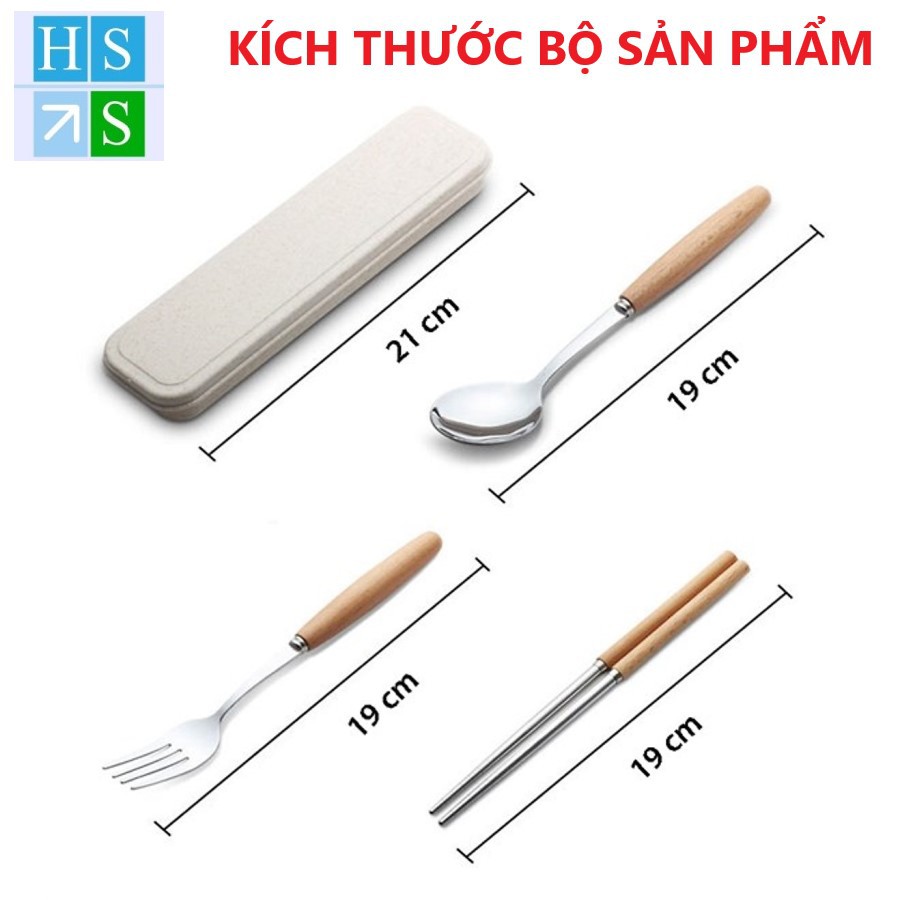 Bộ đũa dĩa thìa inox cán gỗ hộp đựng bằng lúa mạch (Dài 21cm) Cao cấp, sang trọng, an toàn vệ sinh