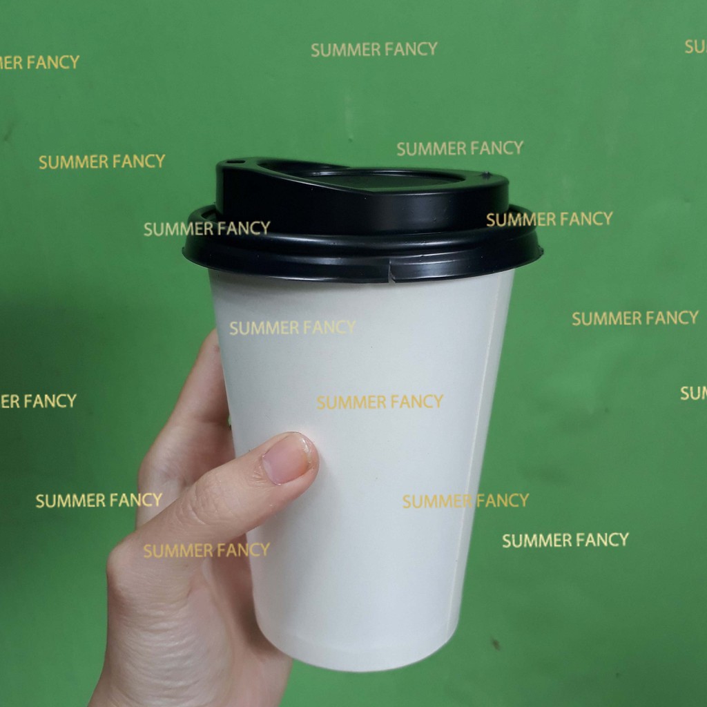 50 cái Cốc giấy 350ml cà phê sữa trà nóng, Ly giấy nắp đen, trắng chịu nhiệt - Paper Cup with lid