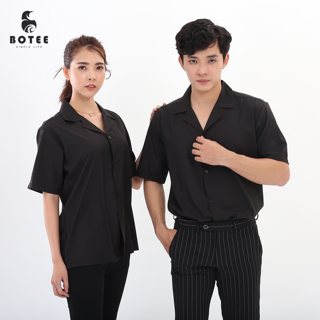 [Mã LT50 giảm 50k đơn 250k] Áo sơ mi Đen Cổ Vest ngắn tay form rộng unisex nam nữ vải lụa