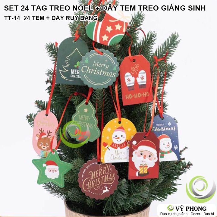 SET 24 TAG TREO + DÂY RUY BĂNG TRANG TRÍ CÂY THÔNG NOEL TEM TREO DECOR GIÁNG SINH IN HÌNH CHRISTMAS NOEN TT-14