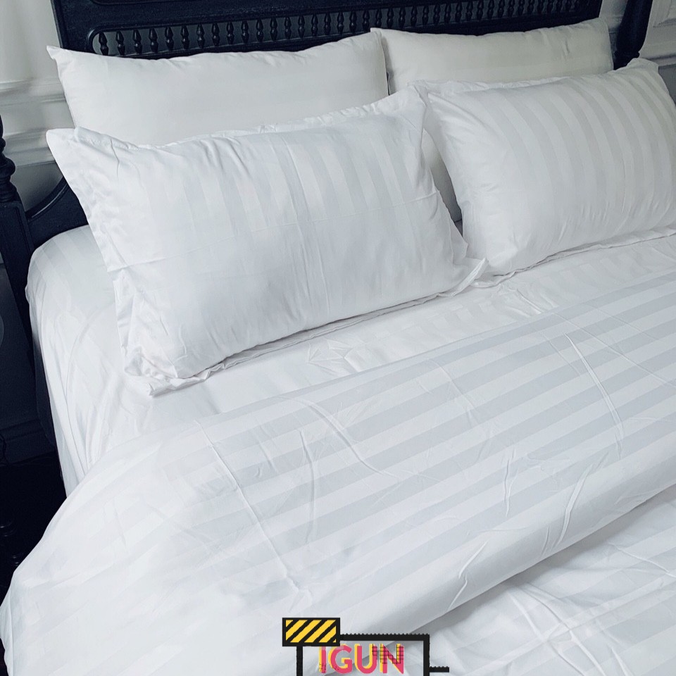 Bộ Chăn Ga Gối Cotton Khách Sạn Nhà Nghỉ Homestay Trắng Kẻ Sọc 3cm