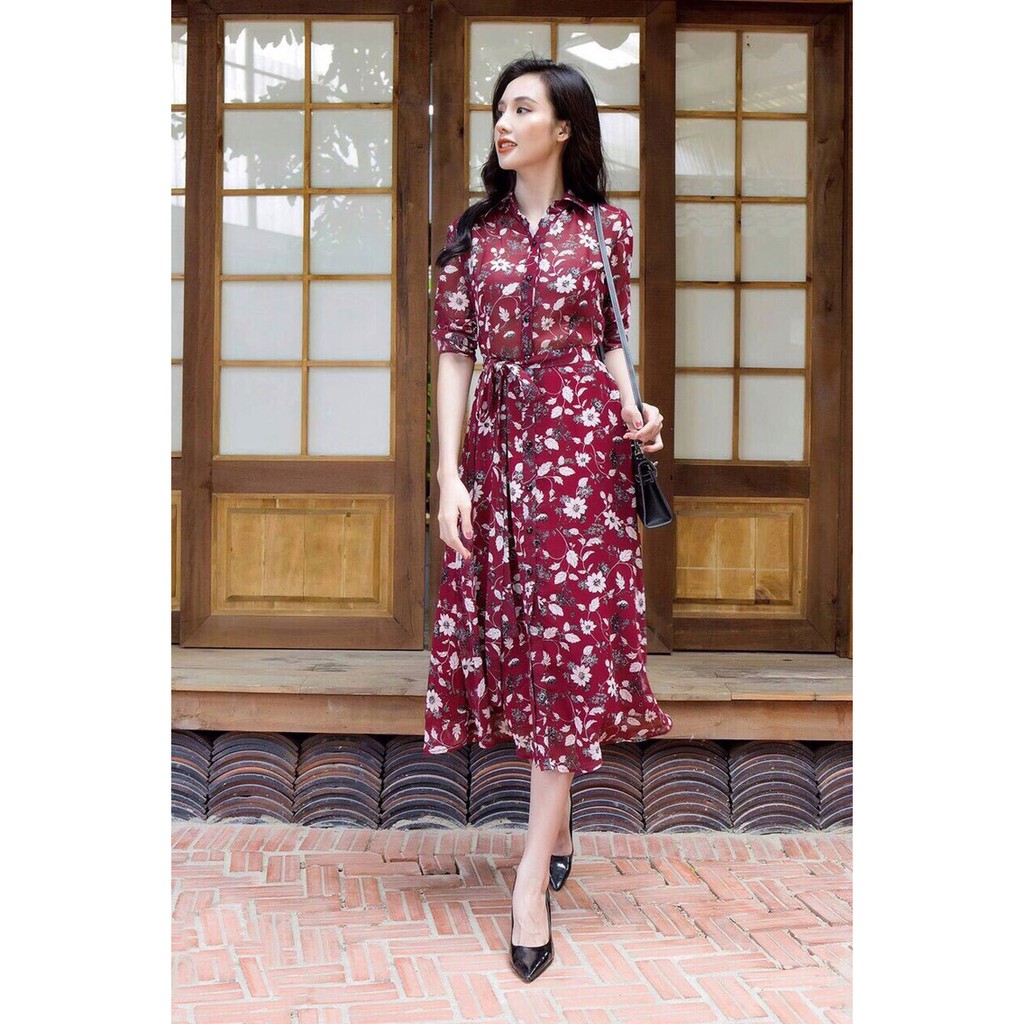 S DW1034 ĐẦM XÒE HỌA TIẾT HOA VINTAGE CỔ SƠ MI PHỐI NÚT EO NƠ SANG TRỌNG CÓ SIZE LỚN XXL FREE