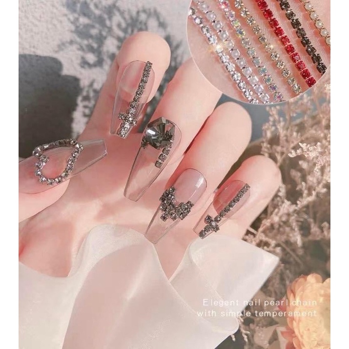 Dây đá nail, dây xích kim loại đính đá đính ngọc trang trí móng