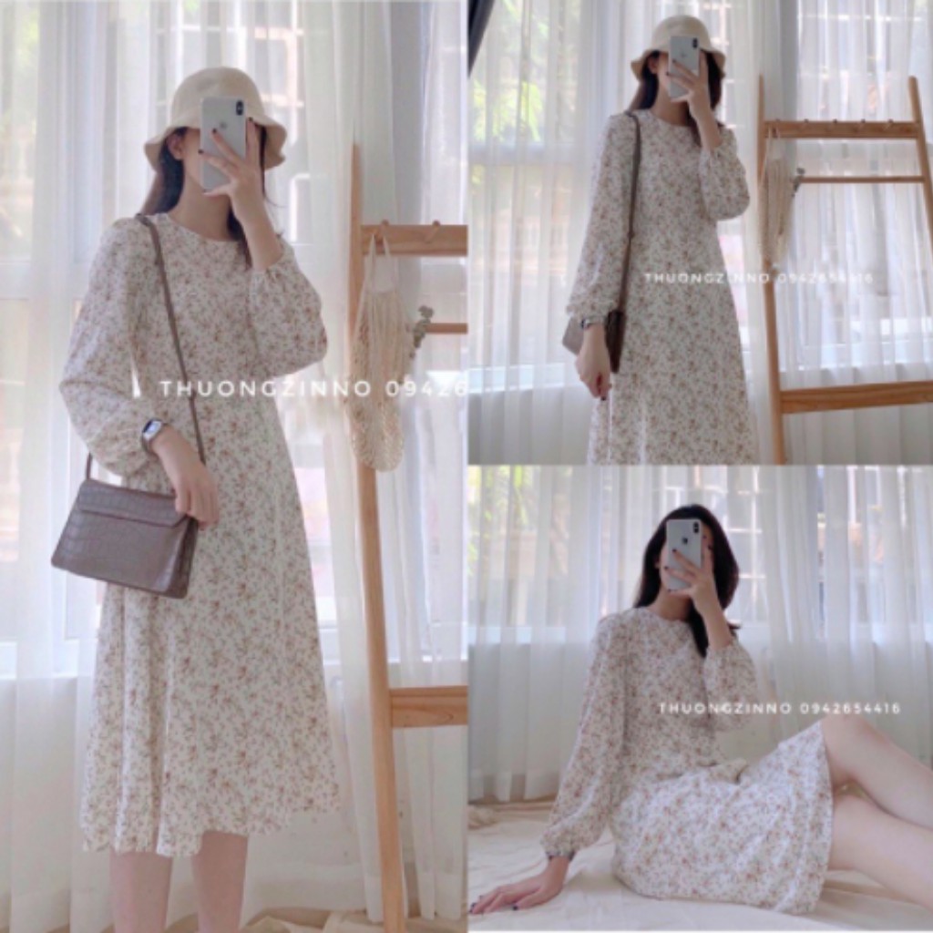 Váy hoa cỏ vintage dáng xòe chữ A / Váy nữ dài tay dáng dài / HÀNG SẴN